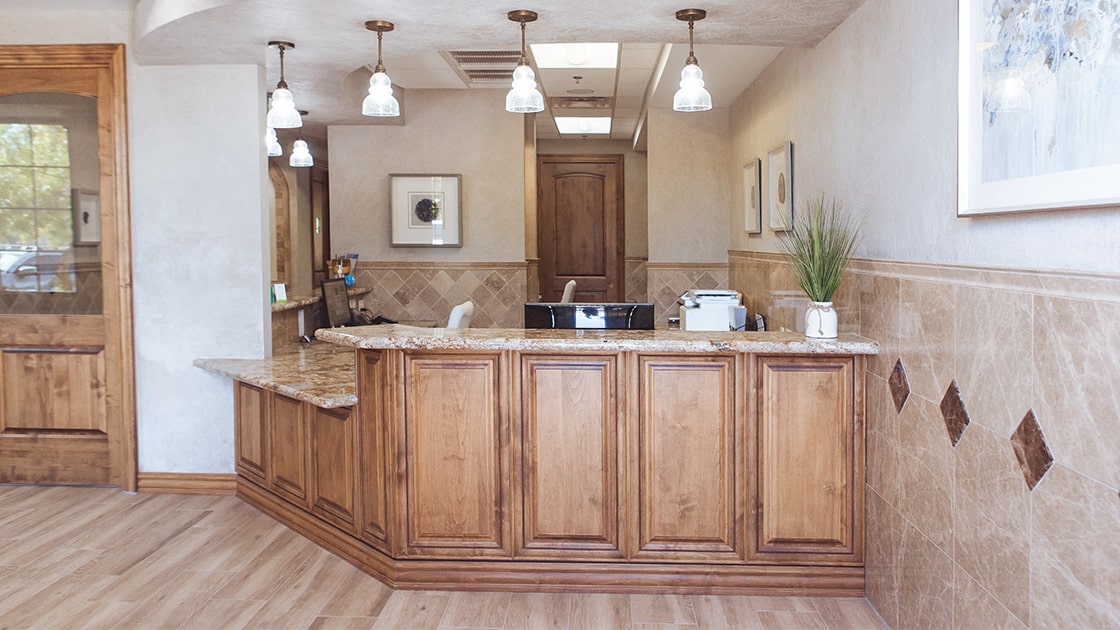 desk and lights above